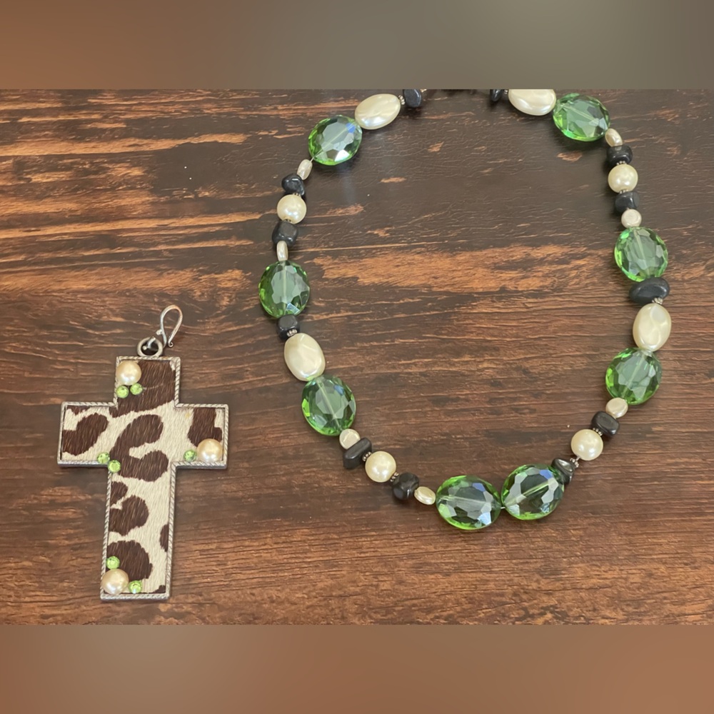 Green and Black Beaded Necklace with Cross Pendant